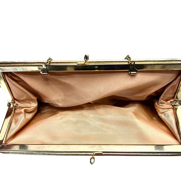 Vintage Gold Clutch Prom Purse Pocketbook 10" Kiss Lock Chain Strap Satin Glam - Picture 5 of 13